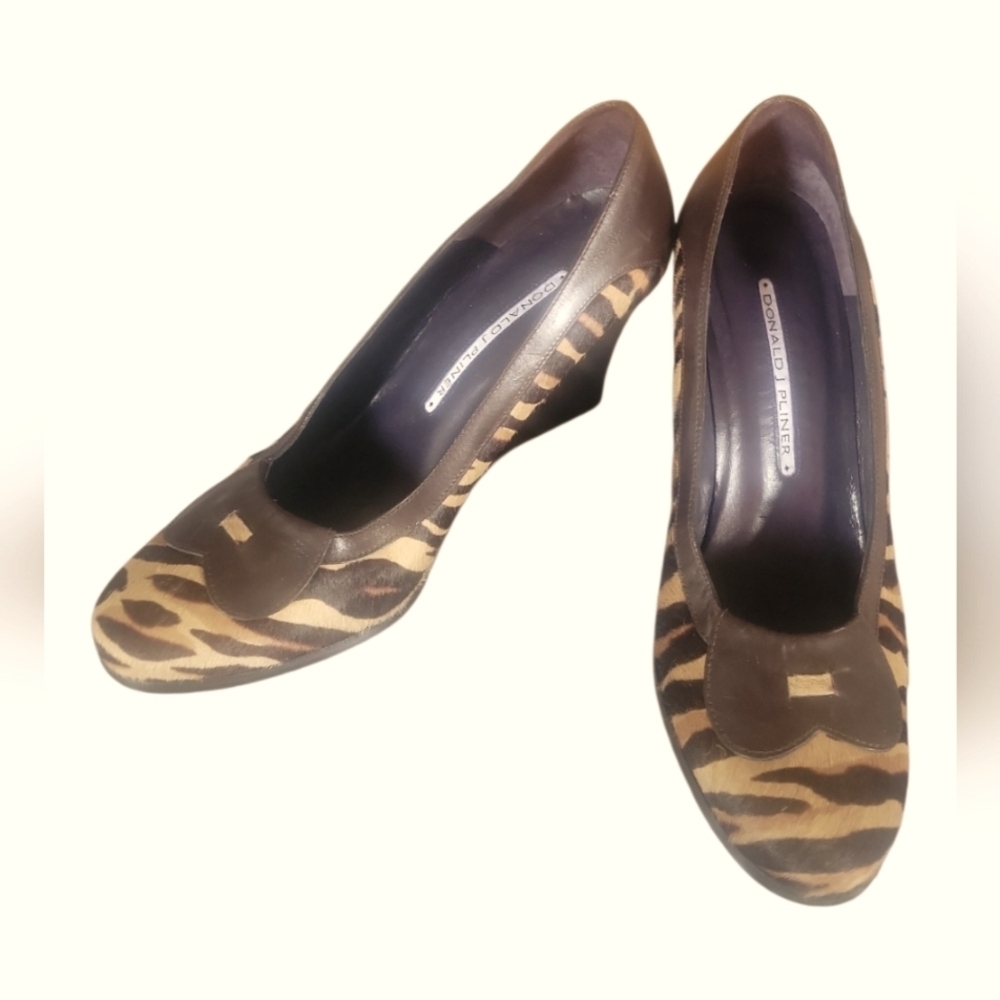 Donald J Pliner Women's Vintage Pony Hair Brown Tan Leather  Wedge Heels Sz 7.5M